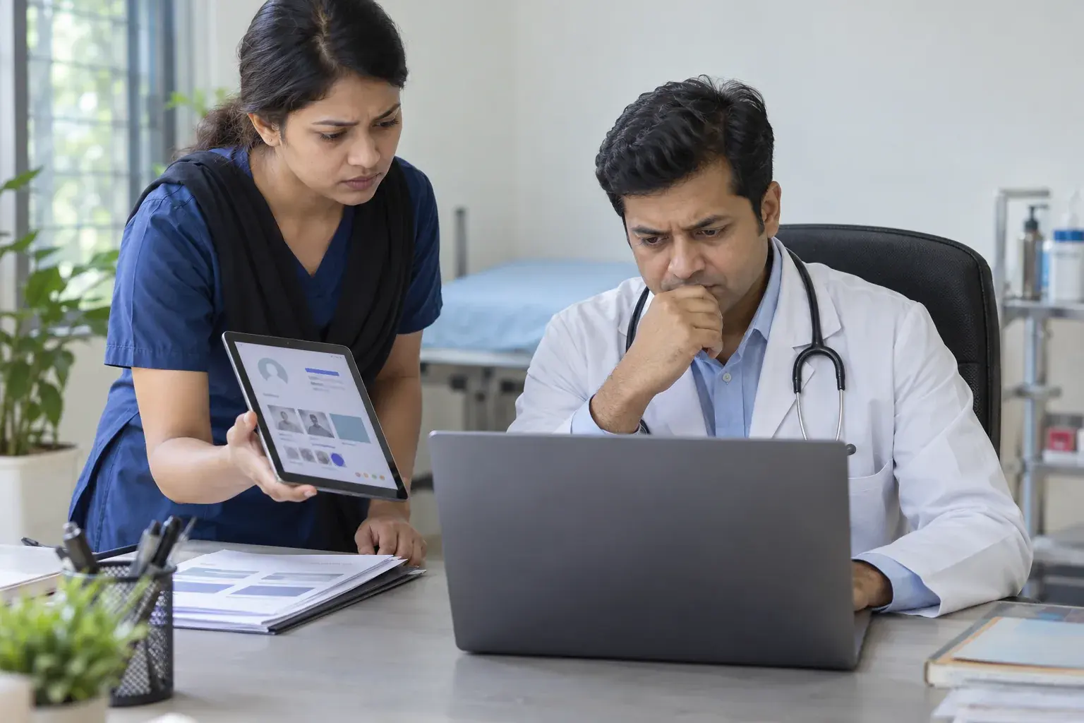 Doctor and specialist comparing social profile information Doctor and specialist comparing social profile information