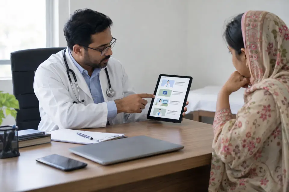 Doctor showing social information during a consultation Doctor showing social information during a consultation