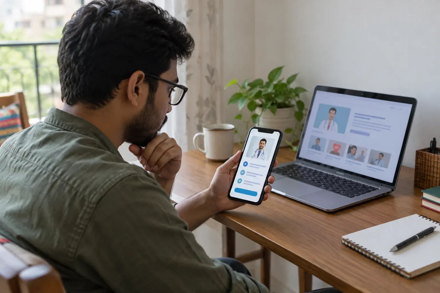 Man viewing doctor social content on his phone at home Man viewing doctor social content on his phone at home