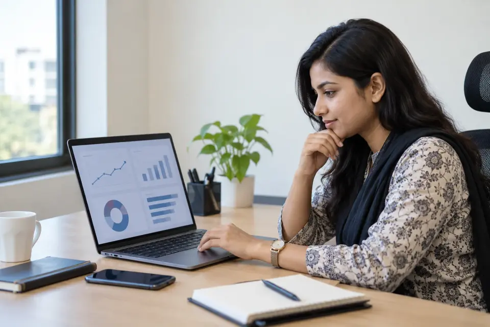 Marketing specialist reviewing a doctor social media report Marketing specialist reviewing a doctor social media report