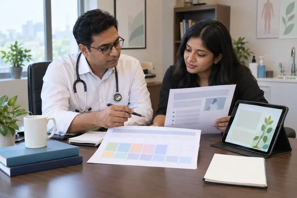 In a doctor's chamber after consultations, a civilian content specialist frames a factual portrait photo while the doctor checks the publication plan.