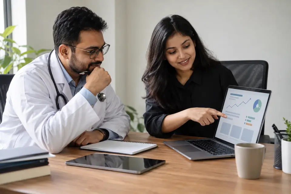Doctor and marketer planning social media content Doctor and marketer planning social media content