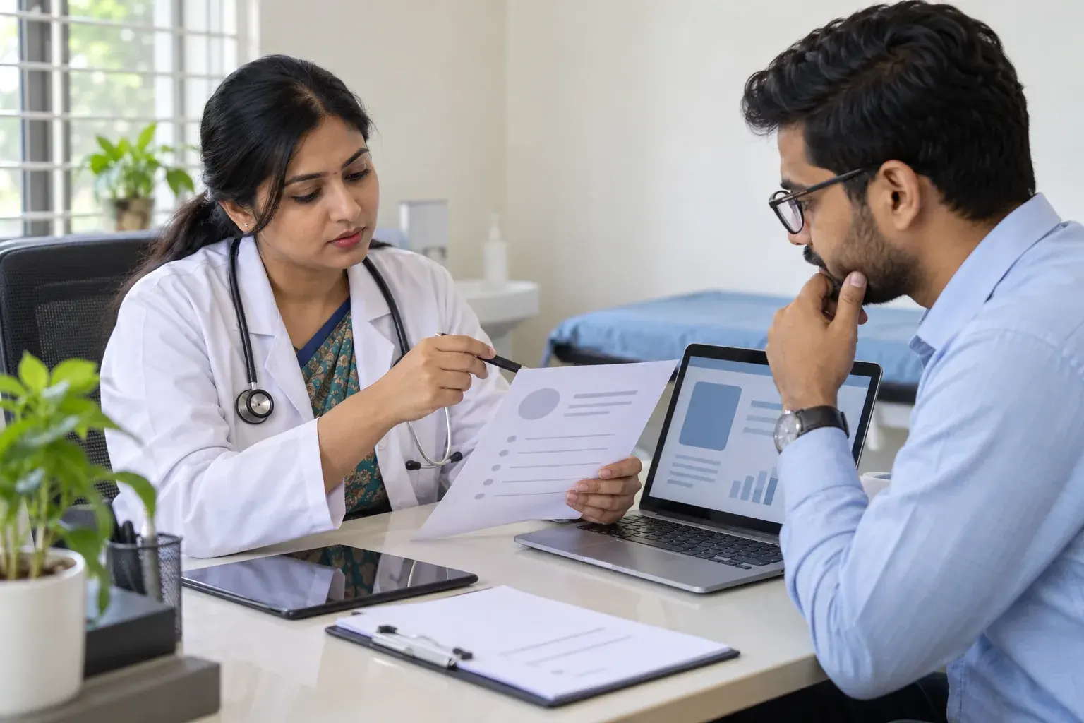 Doctor and specialist checking patient-facing social information Doctor and specialist checking patient-facing social information
