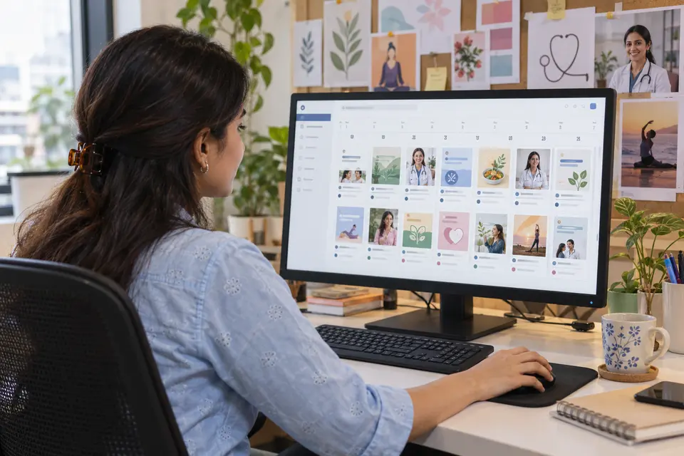 A content specialist arranging healthcare social posts at an agency workstation A content specialist arranging healthcare social posts at an agency workstation