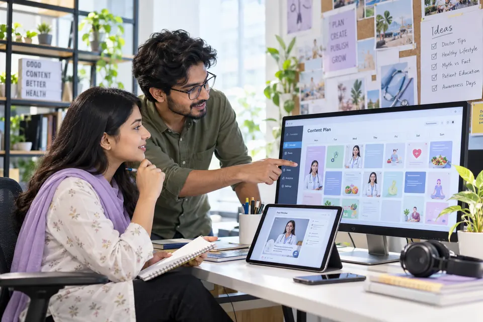 Agency team planning a doctor's social content.