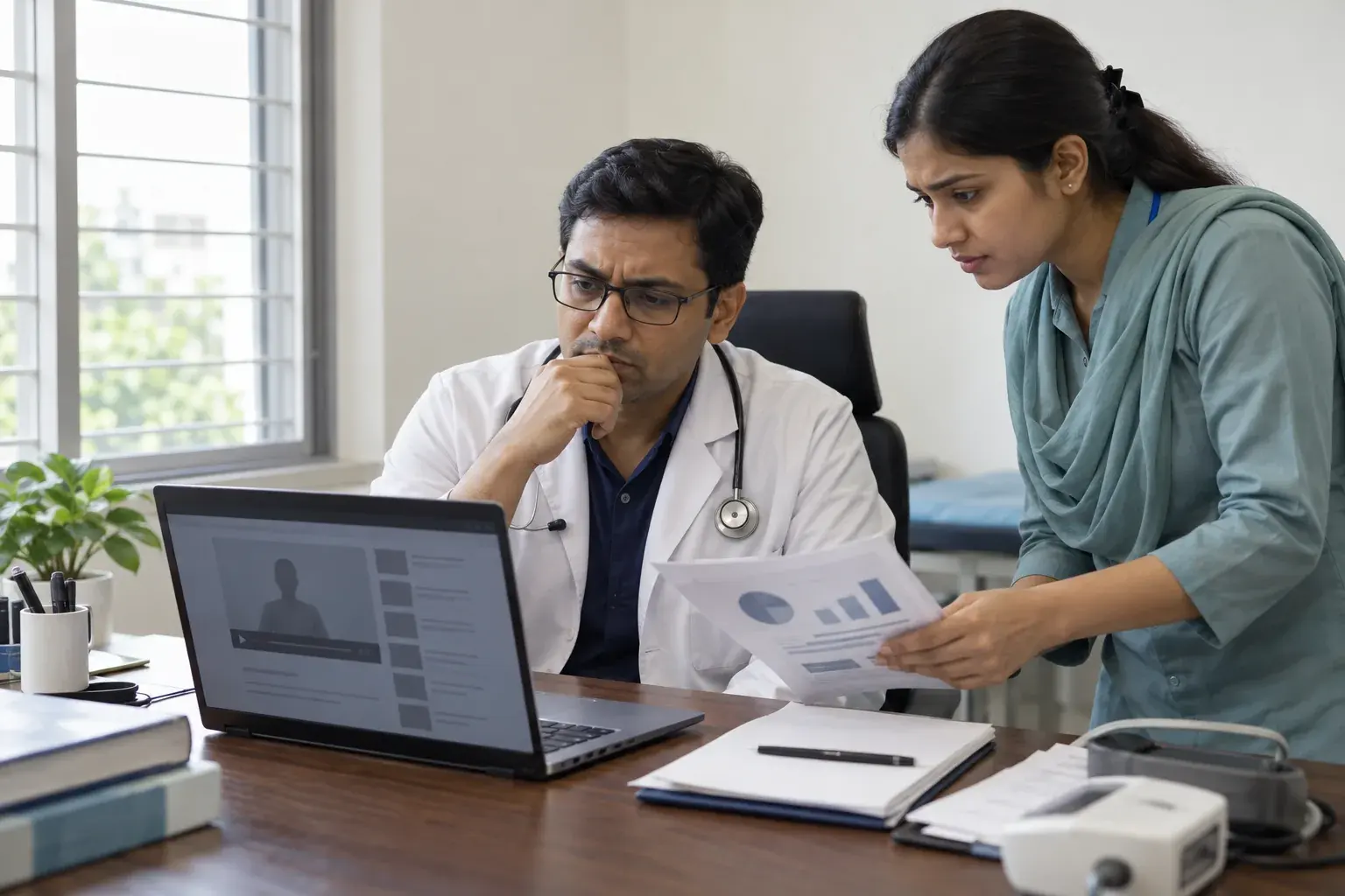 Doctor and staff reviewing a patient education video plan