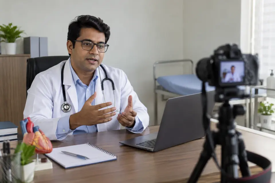 Doctor recording a short educational video in his chamber