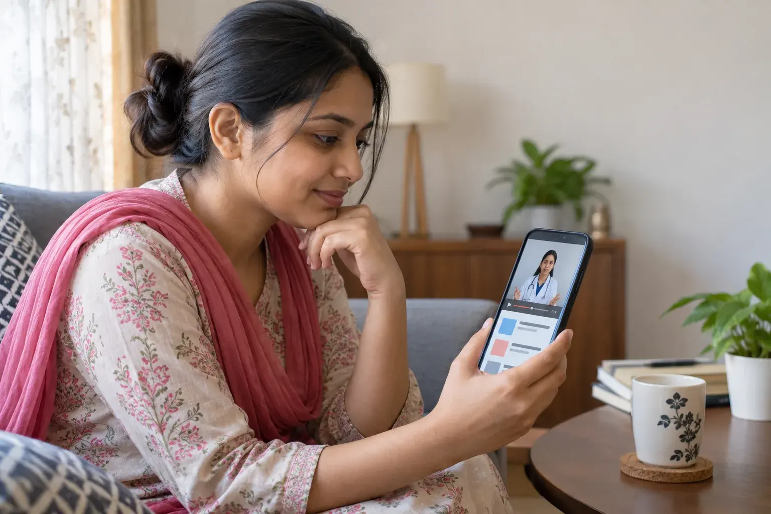 Woman viewing a doctor video on her phone at home