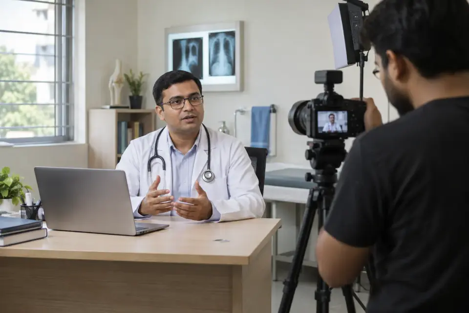 In a real doctor's chamber, a clinician speaks to a camera operated by a civilian videographer, with a coherent tripod and soft light outside the treatment area.