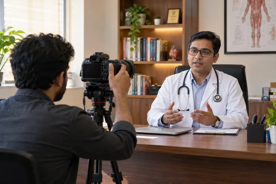 A doctor recording an educational video with a camera operator in a chamber A doctor recording an educational video with a camera operator in a chamber