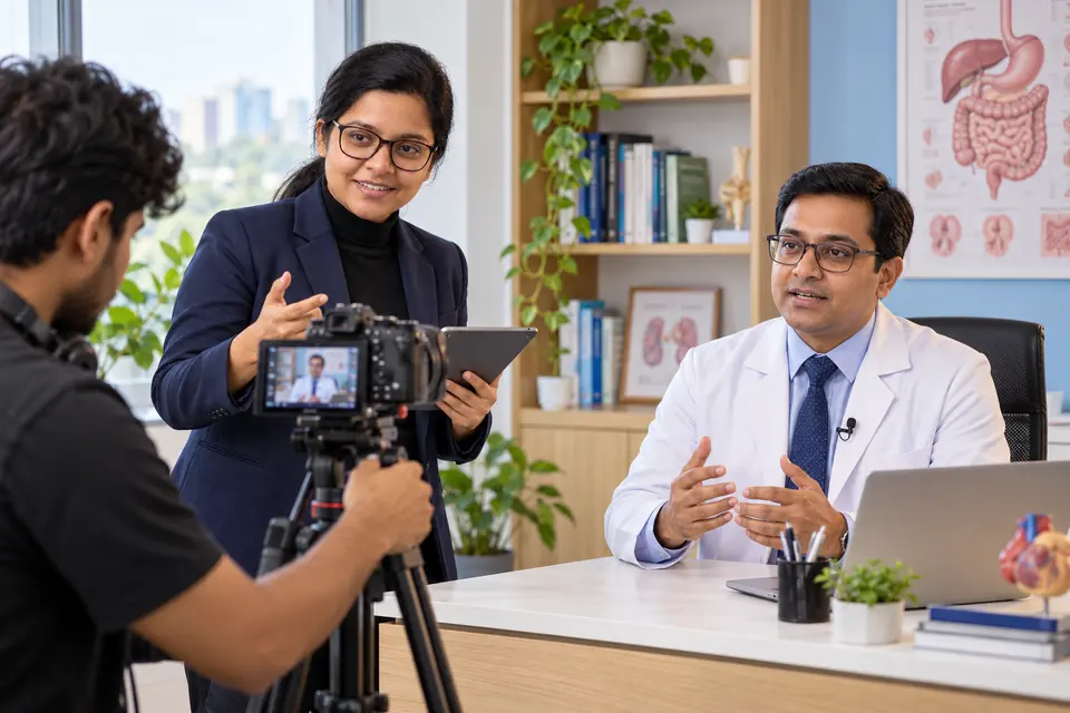 Monwara Moni directing a doctor video shoot in a consultation chamber.