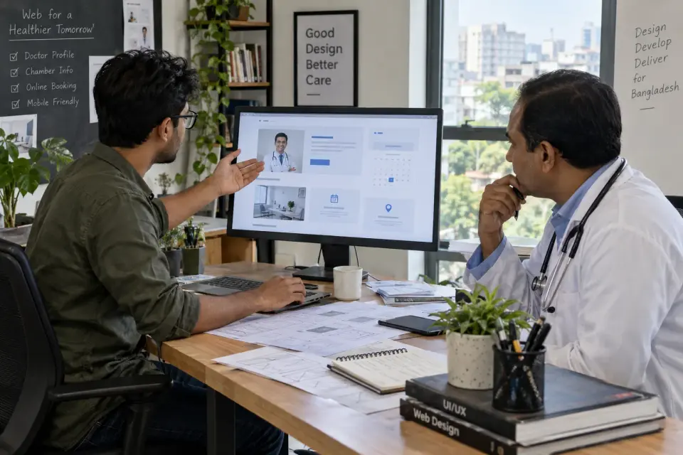 At a Bangladesh digital agency design studio, a civilian web designer and a doctor review large unbranded doctor-website wireframes showing profile, chamber and booking blocks, from the viewer's side.