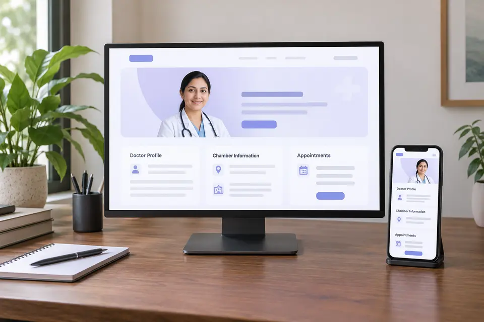 A responsive doctor website on a desktop monitor and smartphone in an agency workspace A responsive doctor website on a desktop monitor and smartphone in an agency workspace