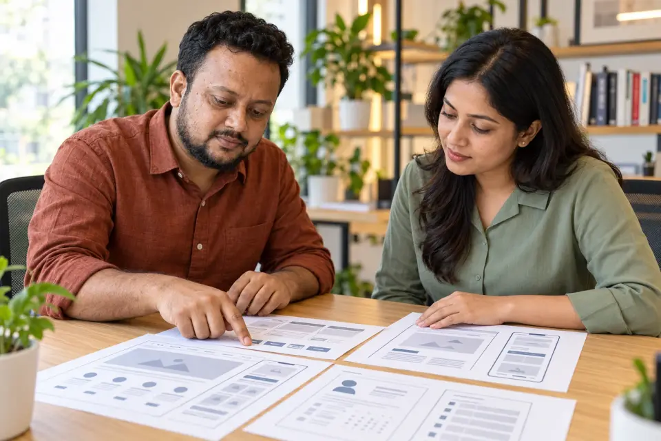 Sirajul Islam reviewing printed website layouts with a doctor at an agency table