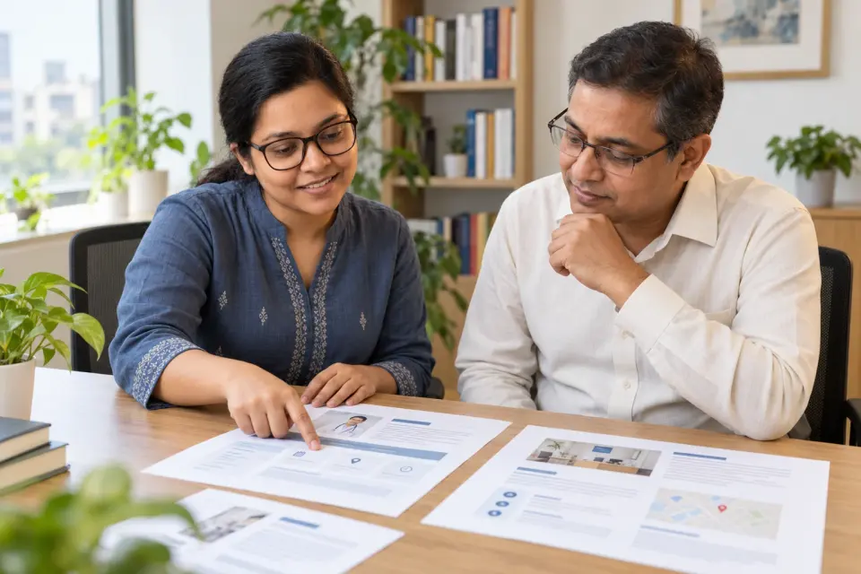 Monwara Moni and a doctor reviewing printed website and chamber information at an agency office