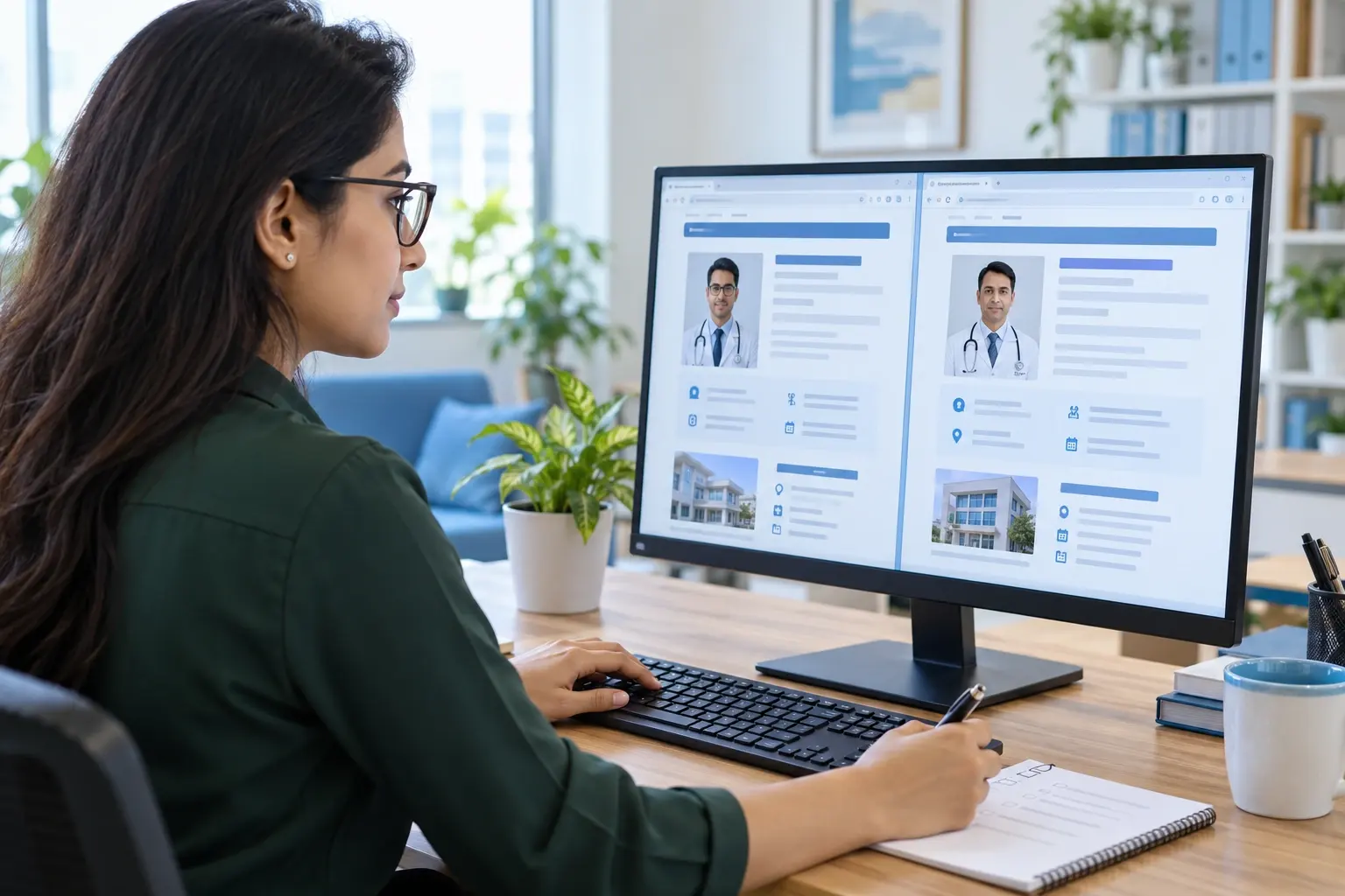 Digital marketing professional reviewing doctor profiles on a desktop monitor at an agency office