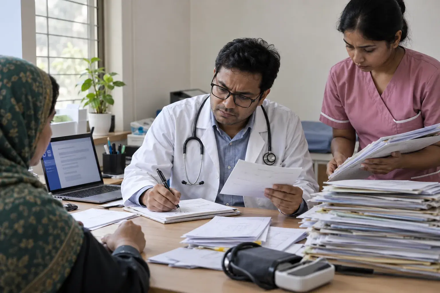 Doctor reviewing paper prescriptions with clinic staff Doctor reviewing paper prescriptions with clinic staff