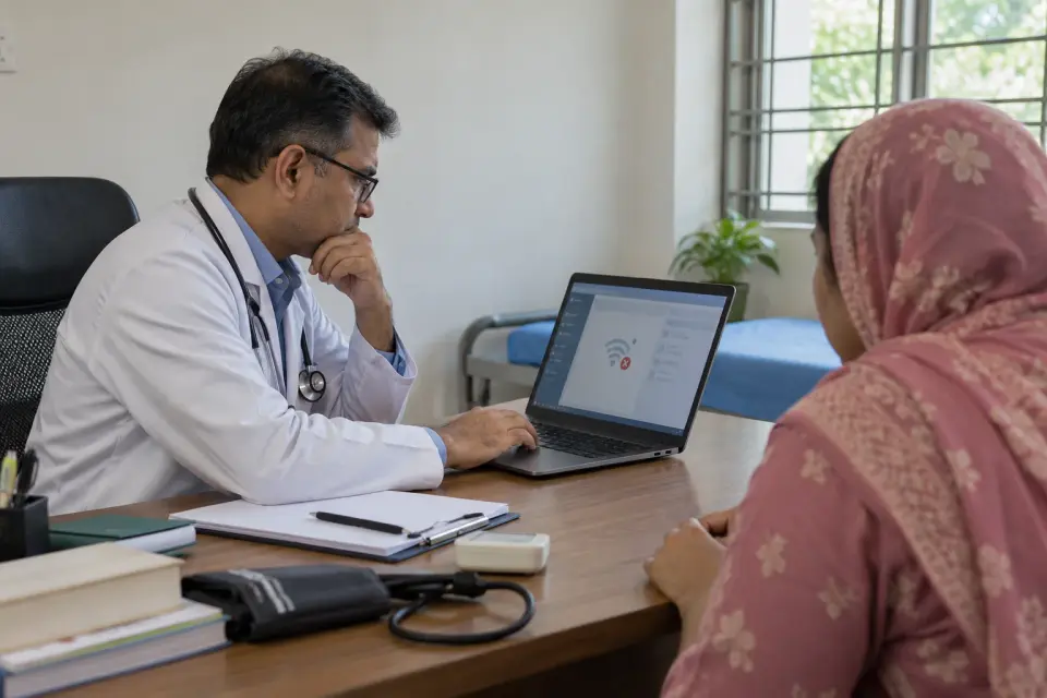 Doctor checking prescription information during a consultation Doctor checking prescription information during a consultation