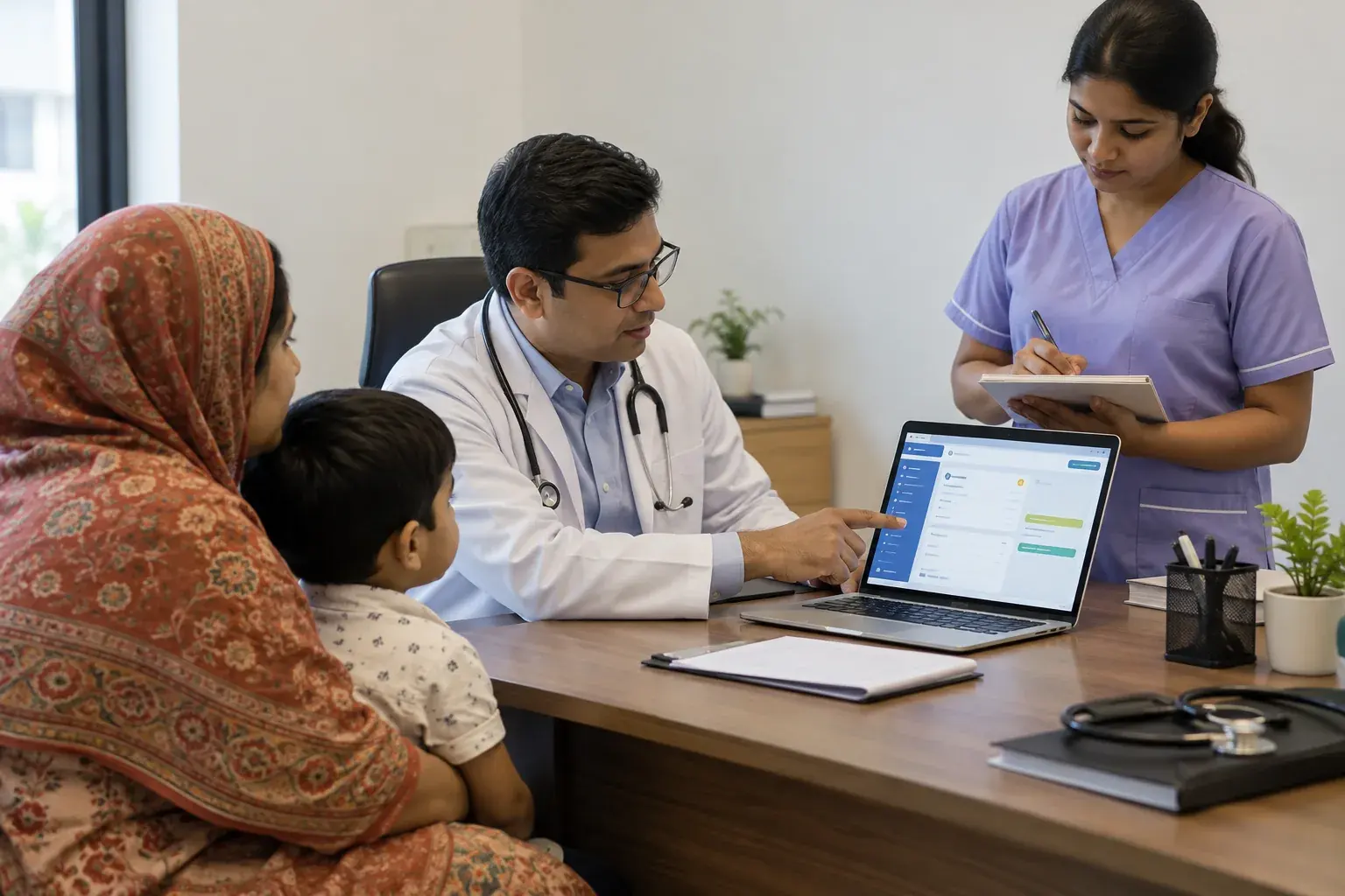 Doctor showing an electronic prescription workflow during a consultation Doctor showing an electronic prescription workflow during a consultation