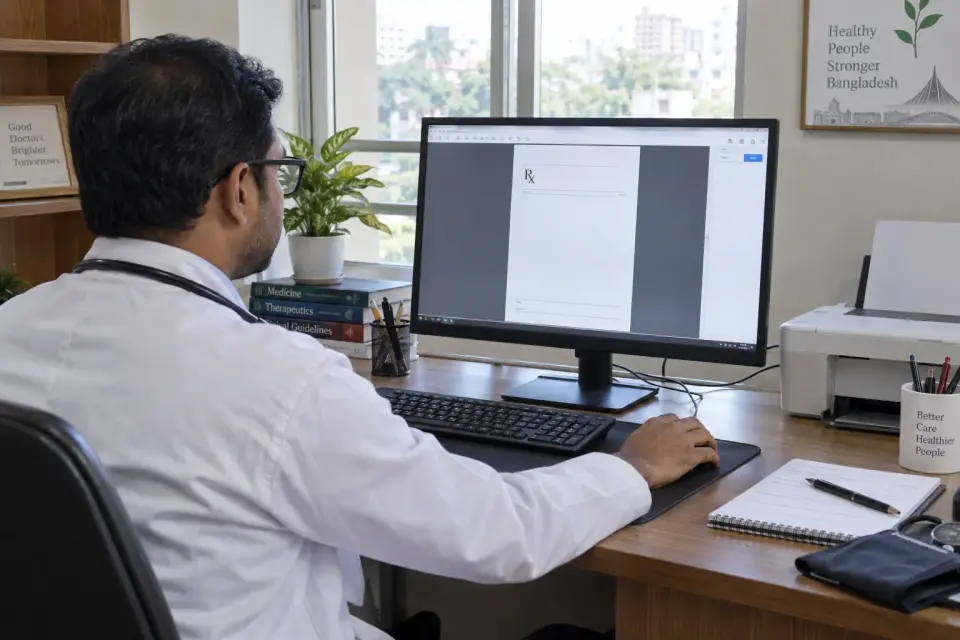 At a doctor's chamber desk, the clinician checks a blank prescription preview on a front-facing computer before printing, with no patient details.