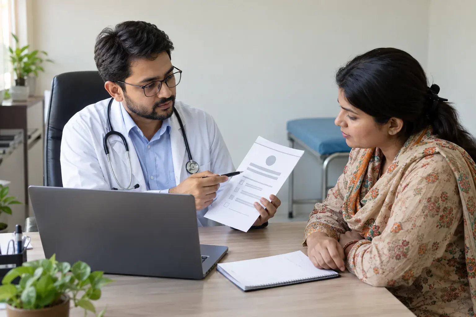 Doctor verifying prescription details with a patient Doctor verifying prescription details with a patient