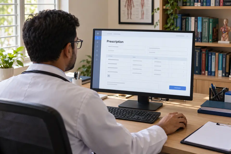 A doctor reviewing a digital prescription workspace in a chamber A doctor reviewing a digital prescription workspace in a chamber