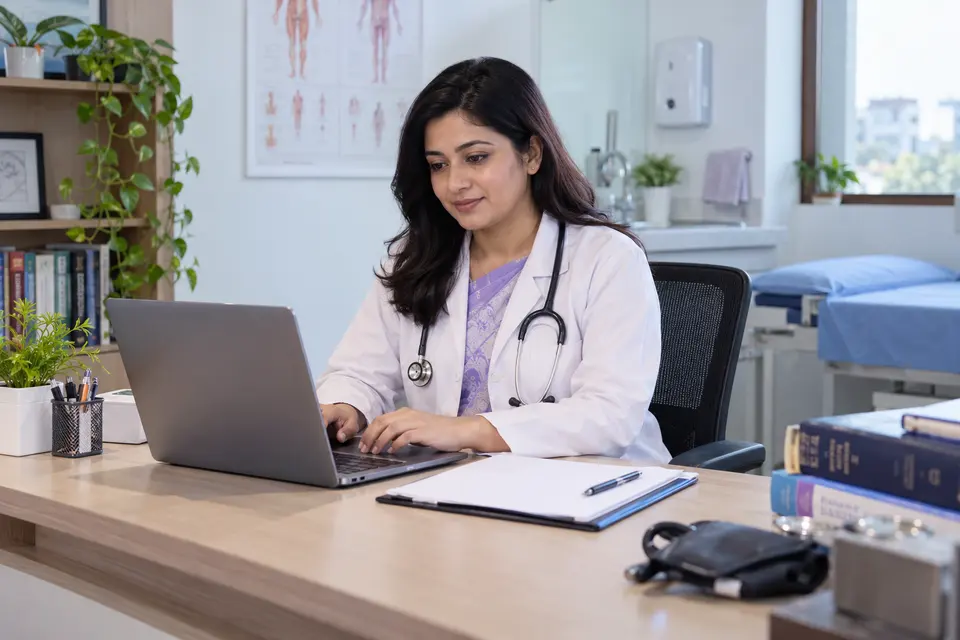 Physician preparing a digital prescription in a chamber.