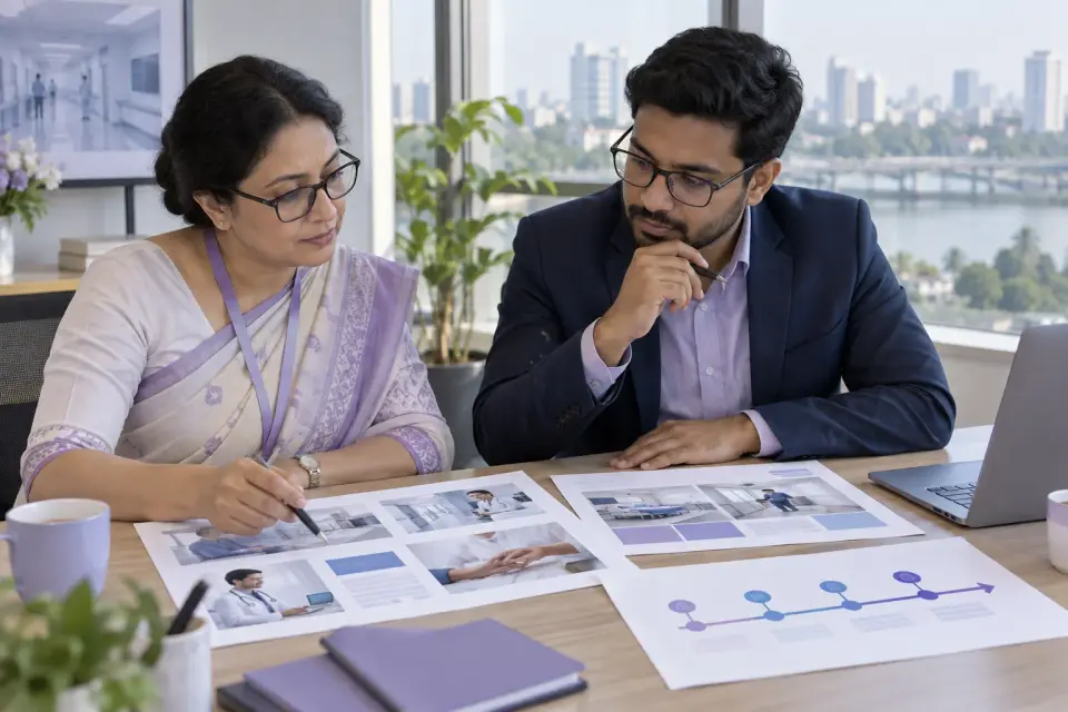 Hospital manager and strategist discussing a hypothetical department priority roadmap Hospital manager and strategist discussing a hypothetical department priority roadmap