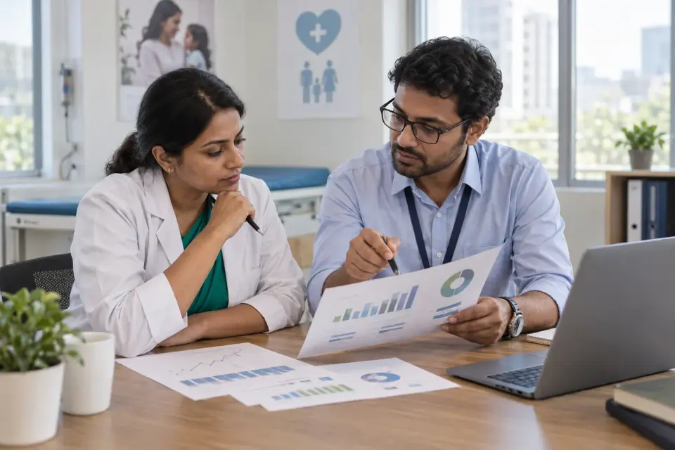Clinic manager comparing hypothetical click and consultation summaries with an analyst Clinic manager comparing hypothetical click and consultation summaries with an analyst