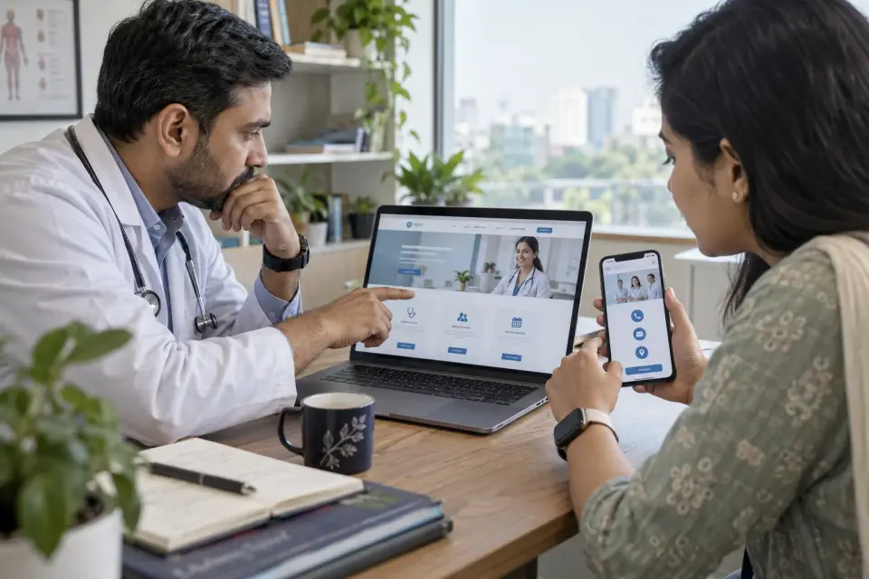 Clinic team comparing a service page and mobile contact route in a hypothetical usability review Clinic team comparing a service page and mobile contact route in a hypothetical usability review