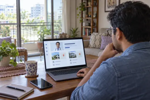 Checking a doctor's chamber locations from home Patient at home comparing two doctor chamber locations on a laptop in Dhaka