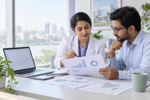 Analyst and healthcare manager reviewing anonymous aggregate marketing charts in Dhaka Analyst and healthcare manager reviewing anonymous aggregate marketing charts in Dhaka