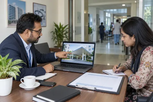 Planning a hospital advertising campaign Hospital marketing manager and ad specialist reviewing an outpatient entrance photo