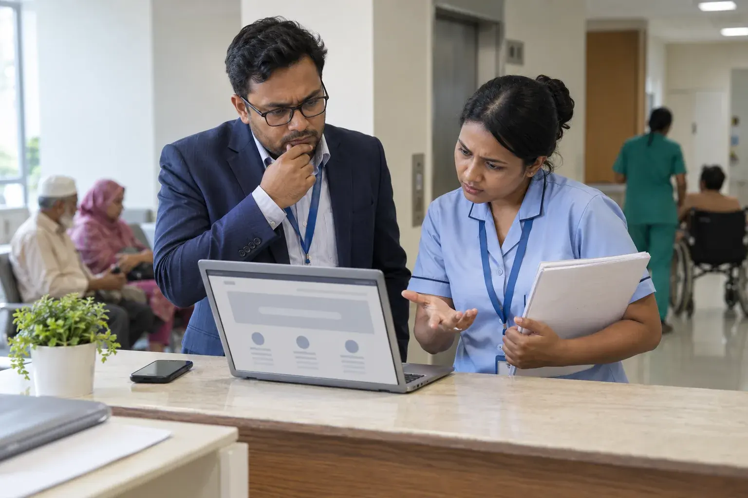 Hospital manager and staff reviewing a patient-facing advertisement Hospital manager and staff reviewing a patient-facing advertisement