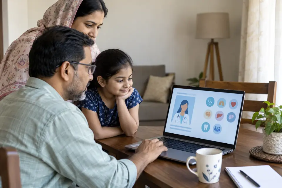 Family comparing hospital service information on a laptop at home Family comparing hospital service information on a laptop at home
