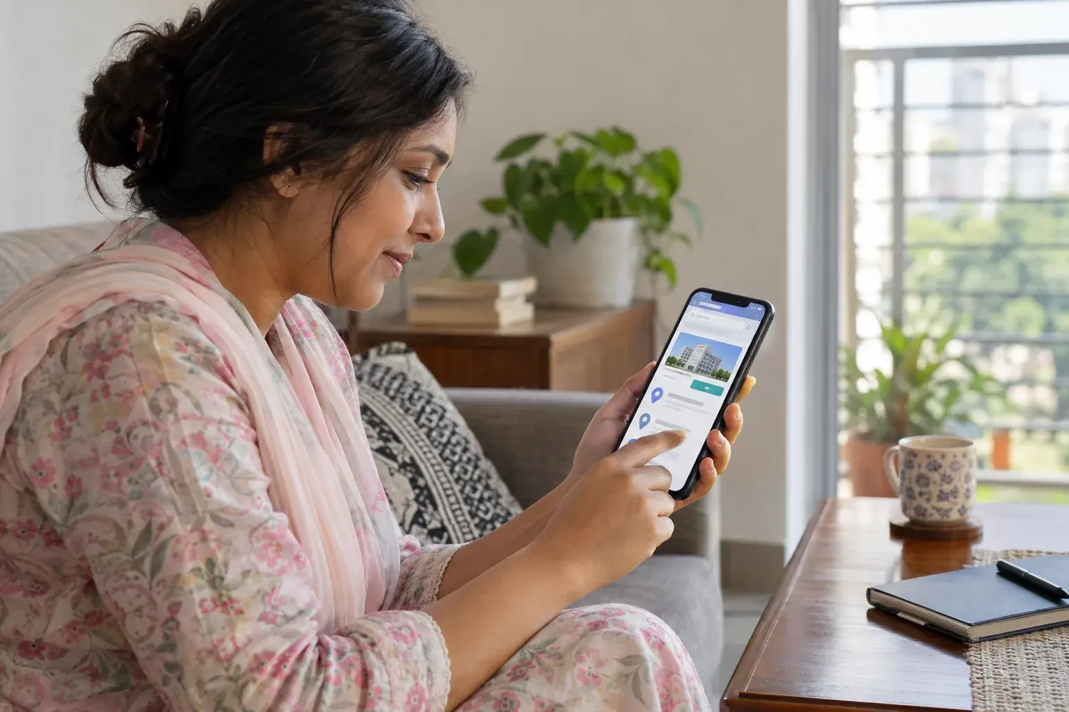Woman viewing hospital information on her phone at home Woman viewing hospital information on her phone at home