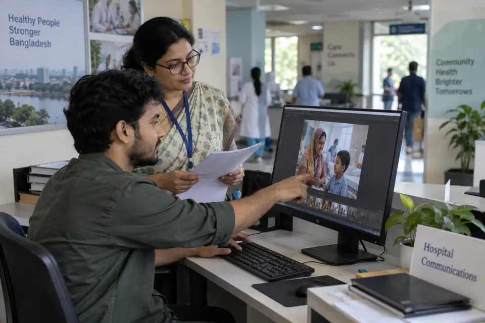 At a hospital communications desk, a civilian designer selects a public-service campaign photograph while an administrator checks factual wording, no outcome promises.