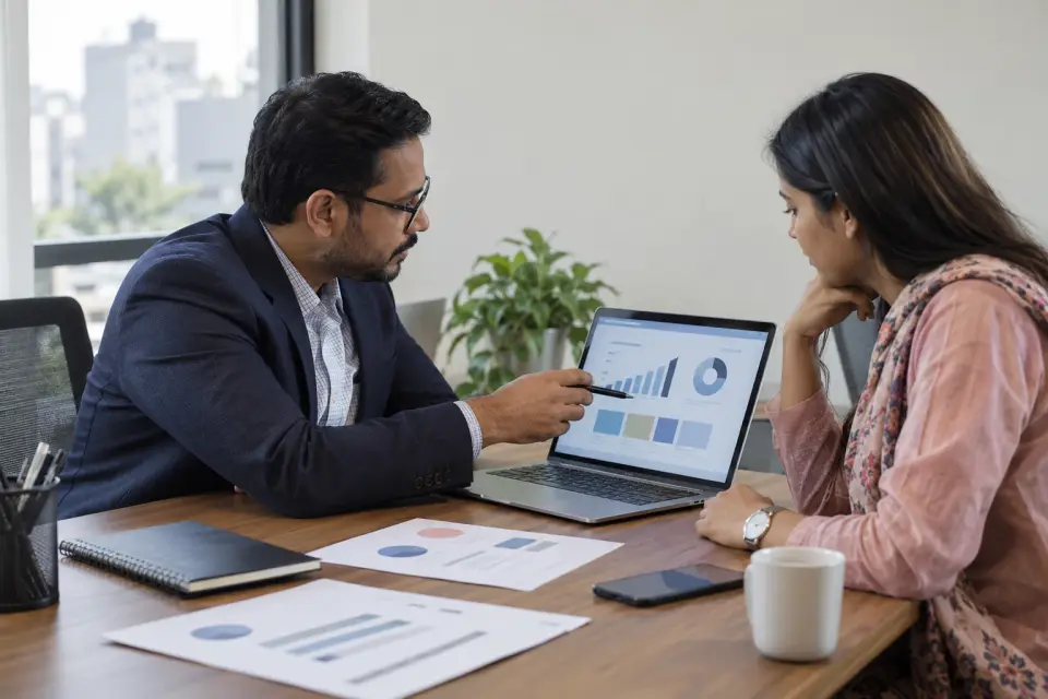 Hospital owner and specialist reviewing an advertising report Hospital owner and specialist reviewing an advertising report