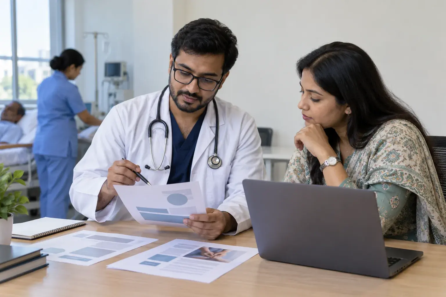Clinician and marketer checking a hospital advertisement before release Clinician and marketer checking a hospital advertisement before release