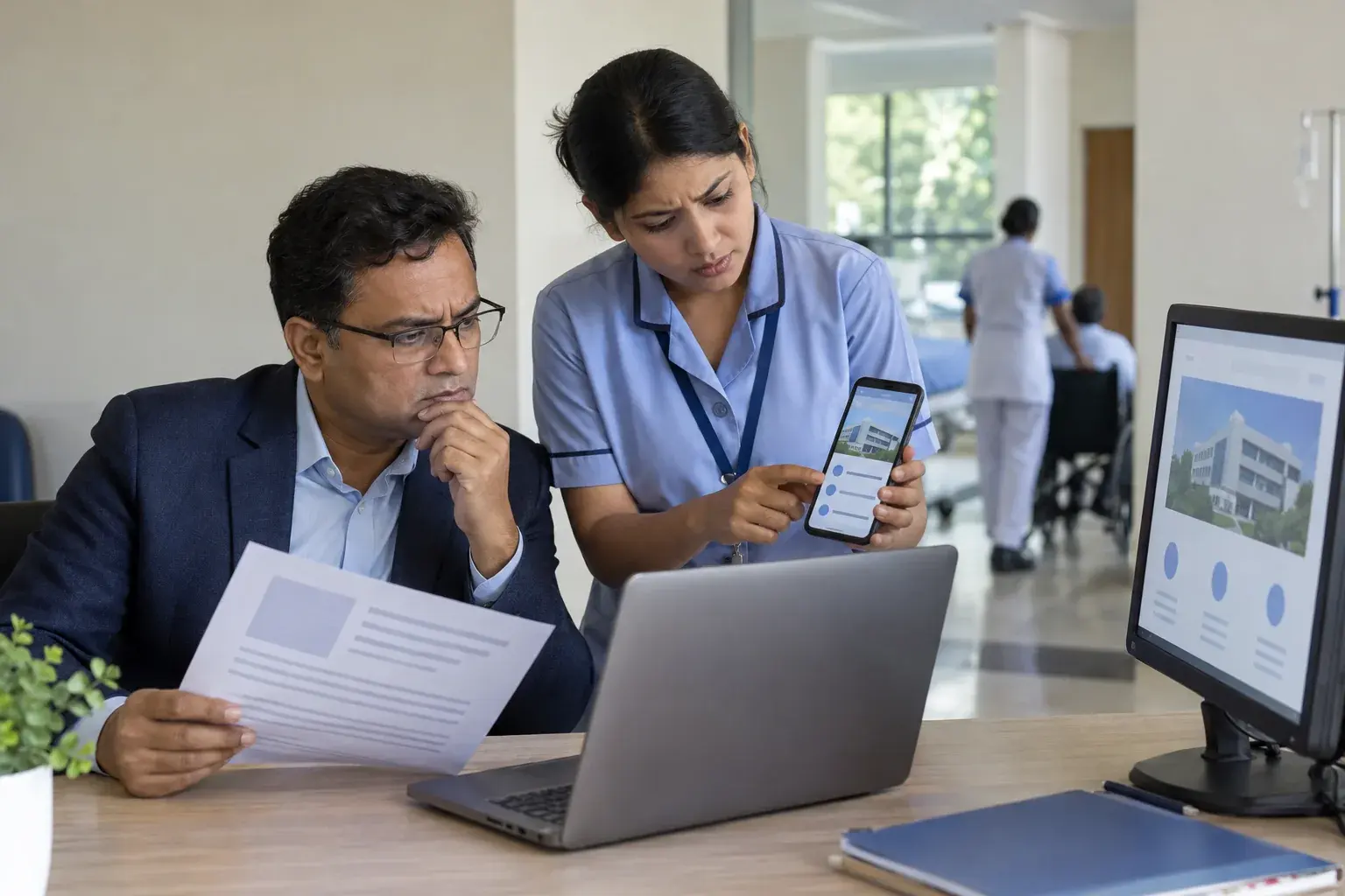 Hospital manager and staff comparing marketing information across screens Hospital manager and staff comparing marketing information across screens