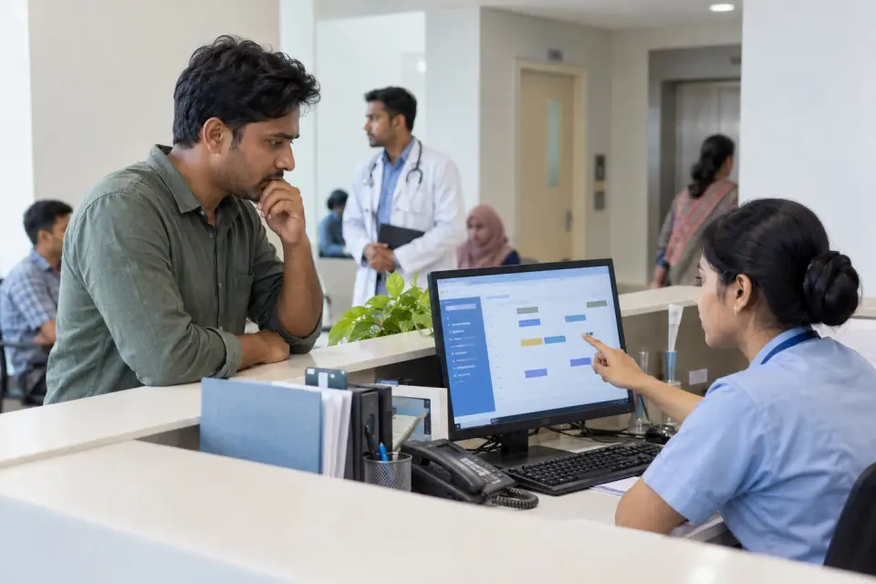 Receptionist showing hospital service details to a visitor Receptionist showing hospital service details to a visitor