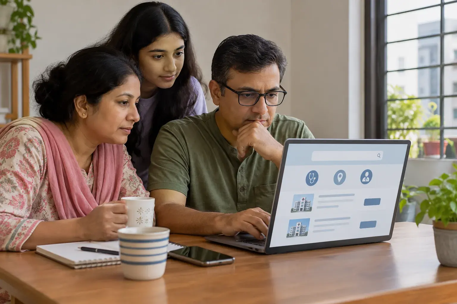Family looking up hospital services on a laptop at home Family looking up hospital services on a laptop at home