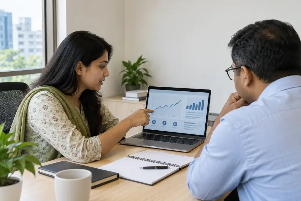 Hospital manager and specialist reviewing a marketing report Hospital manager and specialist reviewing a marketing report