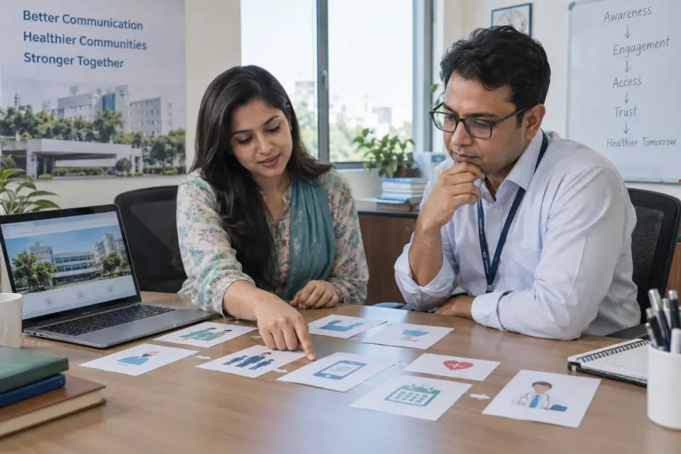 At a hospital communications office, a civilian digital strategist and administrator review a department-information journey laid out as generic print cards.