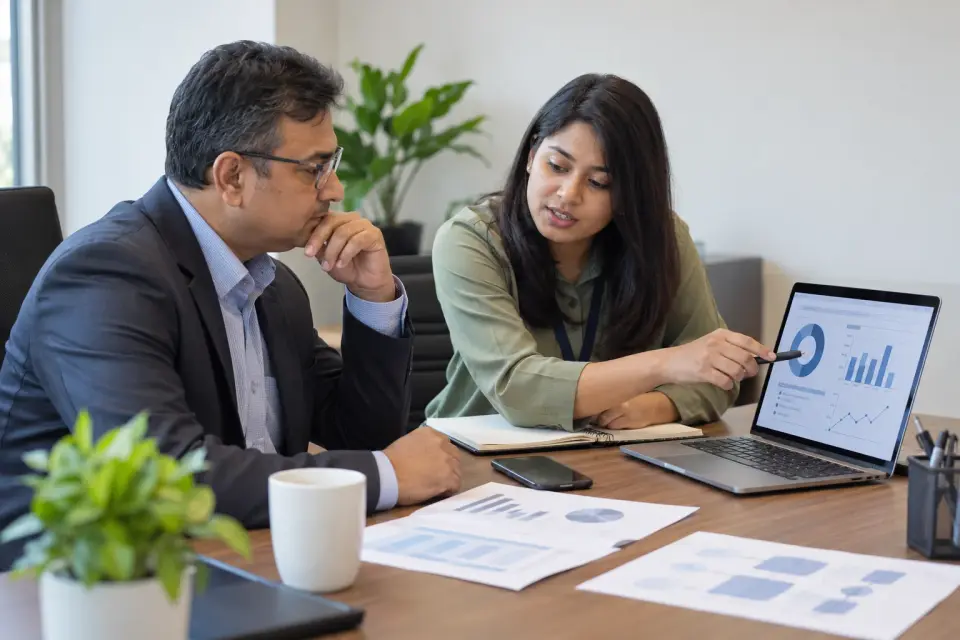 Hospital owner and specialist discussing a digital marketing report Hospital owner and specialist discussing a digital marketing report