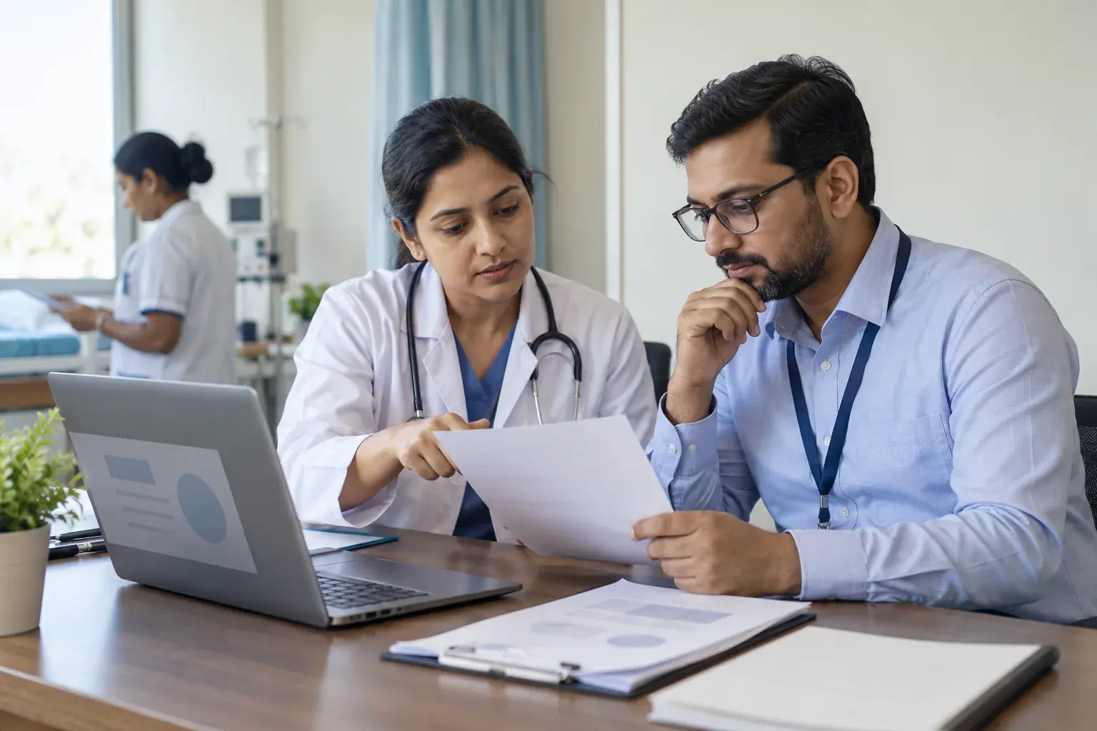 Clinician and hospital manager verifying public service information Clinician and hospital manager verifying public service information