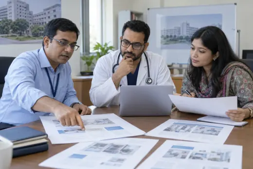Planning the hospital digital journey Hospital manager, doctor and digital strategist reviewing department information