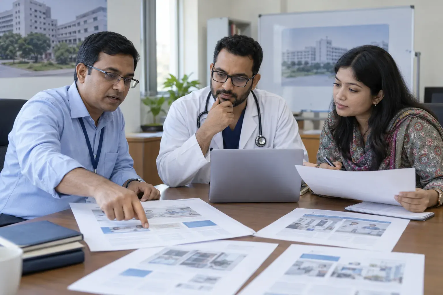 Healthcare team comparing service information across print and digital channels