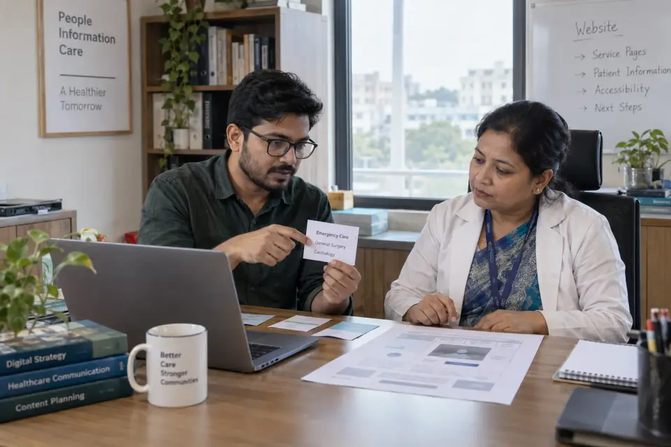 In a hospital communications office, a paid-search specialist and hospital administrator compare keyword cards and a hospital service-page wireframe.