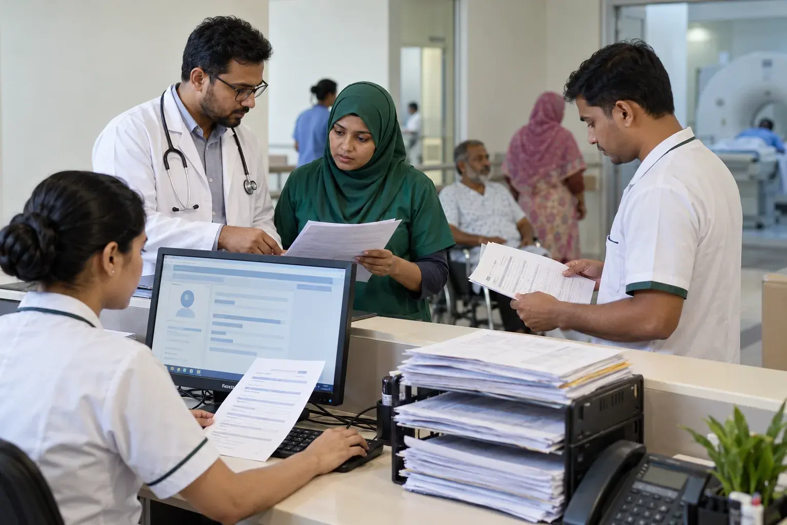 Hospital reception and clinical teams reconciling paper records